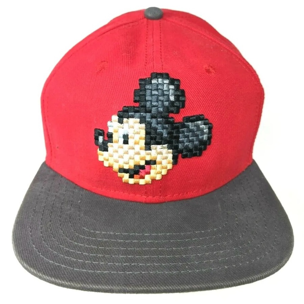 Disney Parks Pixel Cross-Stitch Mickey Mouse Red Adjustable Youth Cap, EUC.